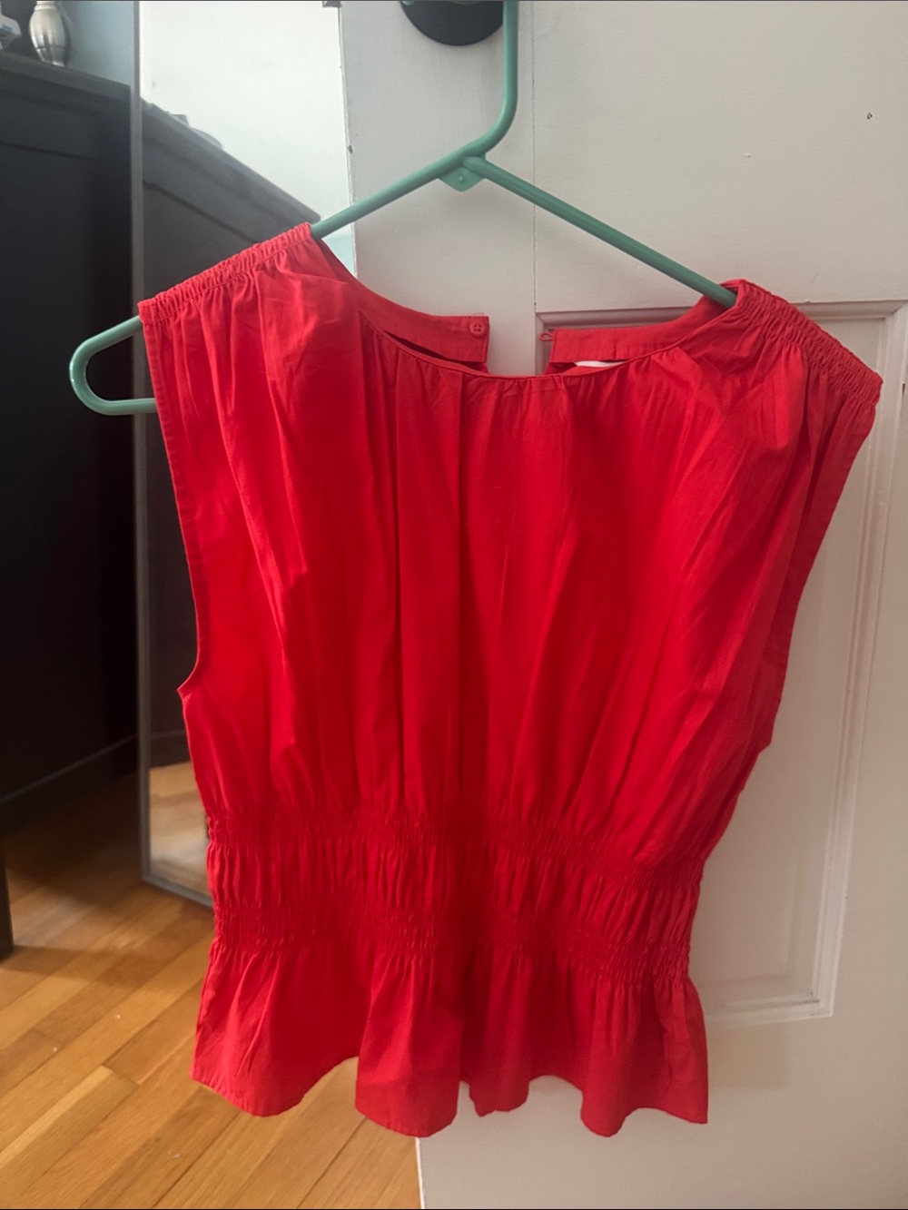 Calvin Klein Bright Red Sleeveless Smocked Peplum Blouse